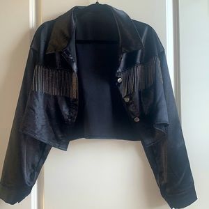 Satin cropped fringe black jacket